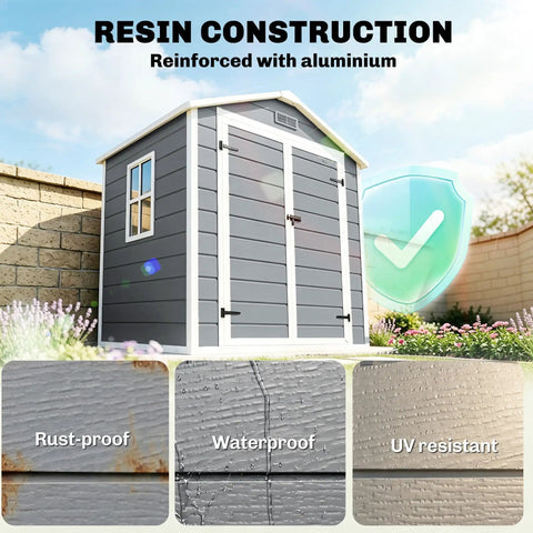 6 Ft By 4.5 Ft Outdoor Storage Shed Made From Waterproof Resin Plastic With Floor Window And Lockable Door So Your Gear Stays Dry All Weather Garden Tool Shed For Backyard Patio And Lawn Gray with resin construction, rust-proof, waterproof, UV resistant features and aluminum reinforcement.