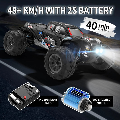 1 To 10 Scale RC Monster Truck With 4x4 All Terrain Off Road Wheels Waterproof Electric RC Car With LED Lights 48 KMH Top Speed 40 Plus Minutes Of Play Time With Dual Batteries Gift For Teens And Adults on track.