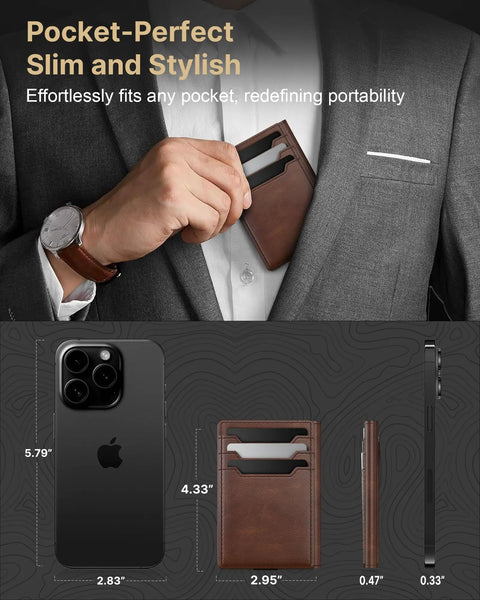 Leather Wallet For Men RFID Blocking Card Holder Slim Minimalist Front Pocket Carry With ID Window And Money Clip Room For 11 To 15 Cards And Bills Durable Brown in suit pocket
