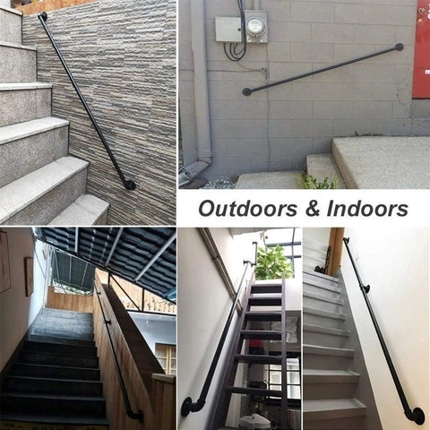 Vintage Bronze Metal Handrail Kit Indoor Outdoor Deck Railing System on various staircases and walls for stability.