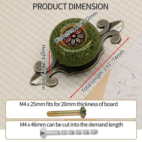 Fresh Green Cabinet Knobs With Vintage Tile Pattern Zinc Alloy Screw Back Hardware Solid Pick Premium Drawer Pulls detailed dimensions