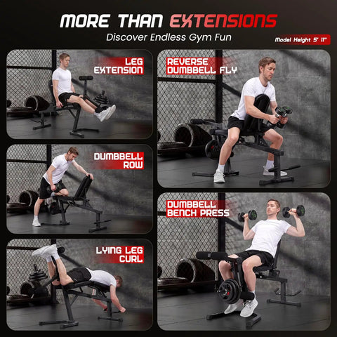 Heavy Duty Leg Extension And Curl Machine For Home Gym with adjustable exercises, ergonomic handles, shown in multiple uses