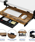 Under Desk Keyboard Tray 19.7 X 12.2 Inches With C Clamp, wood finish with keyboard and mouse, slide-out drawer shown.