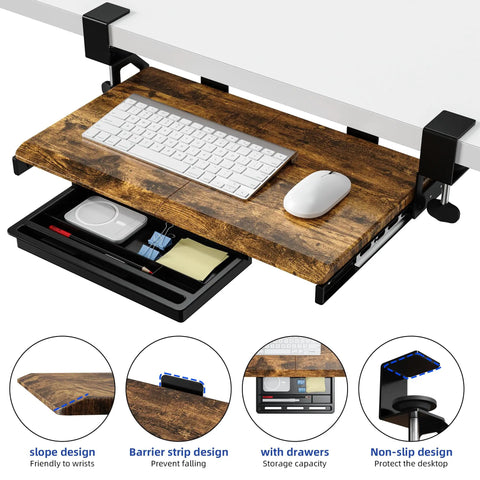 Under Desk Keyboard Tray 19.7 X 12.2 Inches With C Clamp, wood finish with keyboard and mouse, slide-out drawer shown.