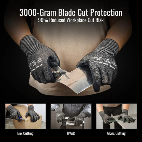 Snug Fit Cut Resistant Gloves 2 Or 5 Pack ANSI A4 Heavy Duty Work Gloves in use for glass cutting with detailed view of glove design.