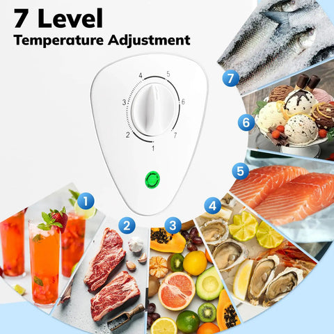 7 Level Temperature Adjustment dial for Compact Deep Chest Freezer Featuring 3.5 Cu Ft Capacity And Durable Storage Baskets White.