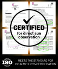 Safe Solar Eclipse Glasses For Direct Sun Viewing CE And ISO Certified Made In USA 100 Pack certification documents shown