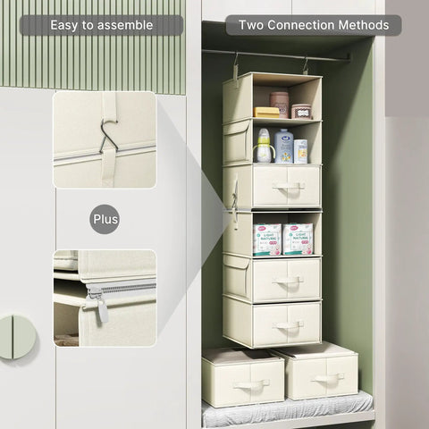 Heavy Duty Hanging Closet Organizer With Six Shelves And Three Zippered Drawers To Straight Up Upgrade Your Messy Wardrobe Storage Setup In Classic Beige Finish