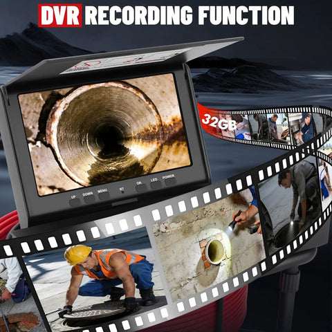 Badass Heavy Duty Self Leveling 7 Inch Sewer Camera With 100 Foot Waterproof Cable showcasing DVR function and pipe view.