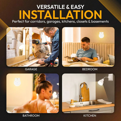 LED Motion Activated Night Light With Rotating Head And Flexible Sensor No Fuss Plug In AC Outlet Wall Lamp for hallways shown in various rooms.