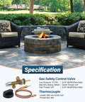 Low Pressure LPG Propane Fire Pit Flame Failure Safety Control Valve Kit Replacement Part With Three Eighths Inch Flare Inlet And Outlet Brass Construction For Grills Fire Pits Fireplaces And Heaters shown next to a fire pit.