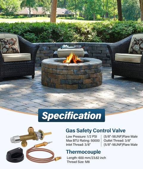 Low Pressure LPG Propane Fire Pit Flame Failure Safety Control Valve Kit Replacement Part With Three Eighths Inch Flare Inlet And Outlet Brass Construction For Grills Fire Pits Fireplaces And Heaters shown next to a fire pit.