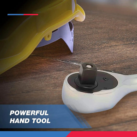 Close-up of Beefy 1/2 Inch Ratchet Wrench with 72-Tooth reversible mechanism on wooden surface, CR-V steel build