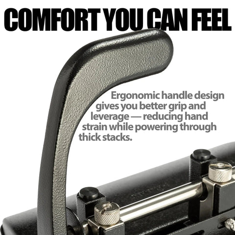 Close-up of ergonomic handle on adjustable 2 or 3 hole punch for home office use 32 sheet capacity dual hole settings built in paper guide