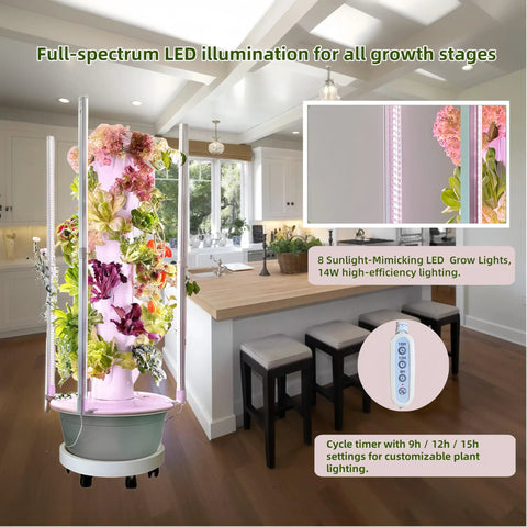 All In One Vertical Hydroponic Garden Tower With LED Grow Lights, Eight Levels, Thirty-Two Large Pods, Indoor Growing System in kitchen