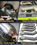 Rock Solid 304 Stainless Steel Oxygen Sensor Bung And Plug Kit With M18 X 1.5 Thread And Heavy Duty Carbon Steel Screw Plug Dead Simple To Weld Up For Custom Exhaust Fabrication And Street Muscle Builds 2 Pack, showcasing custom exhaust work and sensor relocation.
