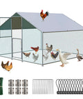 Spacious Outdoor Metal Chicken Coop Run With Waterproof UV Cover Double Lockable Doors For 10 To 30 Chickens Ducks Or Rabbits 9.8 By 7 By 7 Feet Backyard Poultry Enclosure with birds inside
