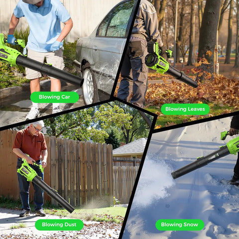 Cordless Leaf Blower With 650 CFM And 180 MPH, Brushless Powerhouse in action on car, leaves, dust, snow