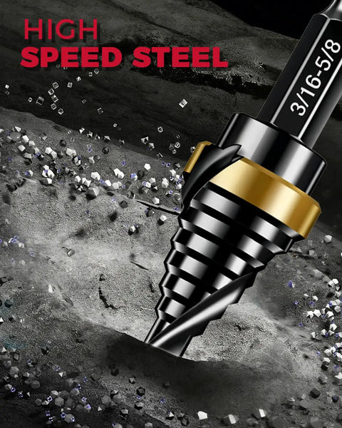 Four Piece HSS Step Drill Bit Set From One Eighth Inch To Five Eighths Inch With Quarter Inch Shank Compact EDC Unibit