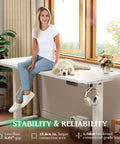 SIAGO 48x24 Inch Electric Standing Desk, 0.8 Inch Thick Tabletop, Rock Solid Stability With 1.5Mm Commercial Grade Frame And 25 Percent Thicker Surface, Height Adjustable Workstation For Home Office Ergonomic Workspace No Wobble, showcasing a woman sitting beside a relaxed puppy on a modern desk.