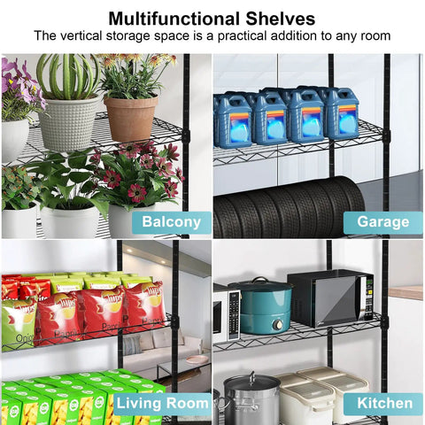 Image showing Badass Six Tier Rolling Storage Shelves With Smooth Caster Wheels organized for balcony, garage, living room, and kitchen use.