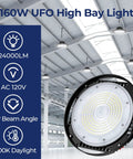 Ultra Bright 160W UFO LED High Bay Light For Warehouse Garage And Workshop, 24000 Lumen 5000K Daylight Color