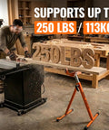 Built Tough Heavy Duty Folding Roller Stand 2 Pack supporting 250 lbs, adjustable height, for table saw work.