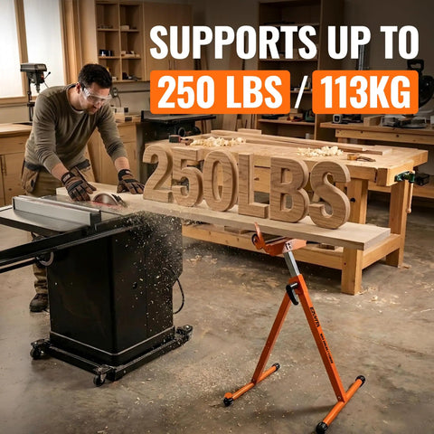 Built Tough Heavy Duty Folding Roller Stand 2 Pack supporting 250 lbs, adjustable height, for table saw work.