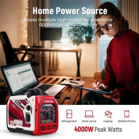 Hella Reliable 4000 Peak Watt Portable Inverter Generator Delivering 3200 Smooth Running Watts EPA Certified for home power, fridge, and laptop.