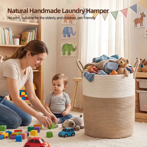 Real Deal Laundry Hamper With Safe Rounded Edges, Legit Nursery Stash Bin For Cozy Blankets And Small Gear, Big Capacity Soft Basket For Easy Home Organization In Earthy Brown And Bright White