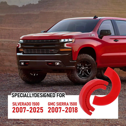 Red Chevy Silverado 1500 with tow hook covers, compatible with 2007-2026 models, showcasing bumper inserts for front end protection.
