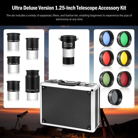 Deluxe 14 Piece 1.25 Inch Telescope Accessory Kit With Plossl Eyepieces, Colored Filters, Moon Filter, 2X Barlow Lens And Sturdy Carry Case