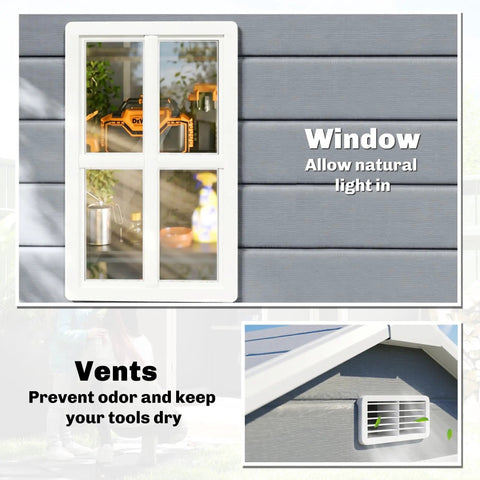 Cottage-style window and vent details of 6 Ft By 4.5 Ft Outdoor Storage Shed Made From Waterproof Resin Plastic With Floor Window And Lockable Door So Your Gear Stays Dry All Weather Garden Tool Shed For Backyard Patio And Lawn Gray.