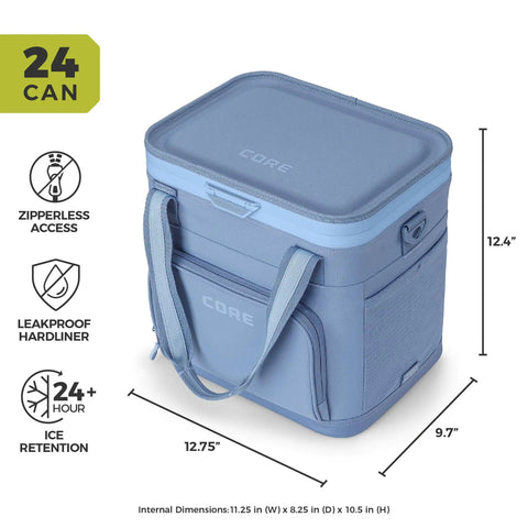 MagSnap Magnetic No Zip Soft Cooler for 24 Cans With Insulated Hard Liner Ice Chest, shown with measurements and features