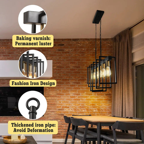 Farmhouse Dining Room Chandelier With Six Lights In Black Finish 39.4 Inch Hanging Kitchen Island Light in dining room corner.