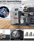 Garvee 8x30 Inch Mini Metal Lathe With 750W Motor And Variable Speed Up to 3000 RPM Precision Benchtop Machine For Hobbyists close-up of motor and controls.