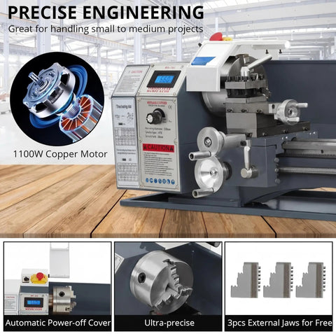 Garvee 8x30 Inch Mini Metal Lathe With 750W Motor And Variable Speed Up to 3000 RPM Precision Benchtop Machine For Hobbyists close-up of motor and controls.