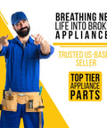 Person in blue uniform pointing, text reads 'Breathing New Life into Broken Appliances' with tool belt and yellow accents.