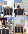 Built Like A Tank 12 Bushel Laundry Cart, Heavy Duty Stainless Steel Rolling Basket in laundry room with clothes.