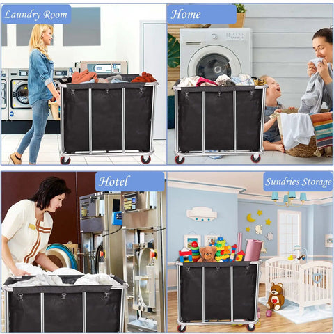 Built Like A Tank 12 Bushel Laundry Cart, Heavy Duty Stainless Steel Rolling Basket in laundry room with clothes.