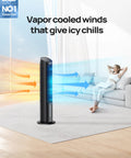 Portable AC Tower Fan For Home Or Office, 40-Inch Evaporative Cooler in black blowing air with person relaxing on sofa nearby.