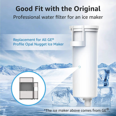 Opal Nugget Ice Maker Filter 4 Pack Replacement For GE Opal Ice Makers next to ice and mountains background