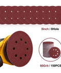 Heavy Duty 150 Pack 80 Grit Hook And Loop Sanding Discs 5 Inch 8 Hole with anti-clog coating on electric sander.