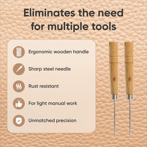 Heavy Duty Woodworking Scratching Awl A Kickass Leather Stitching Tool With An Ergonomic Grip showcasing sharp steel needles and wood handles.