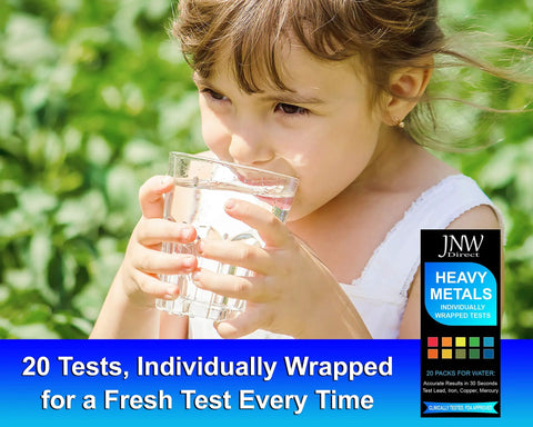 Young girl drinking water with Heavy Metals Drinking Water Test Kit With Strips And eBook shown beside her