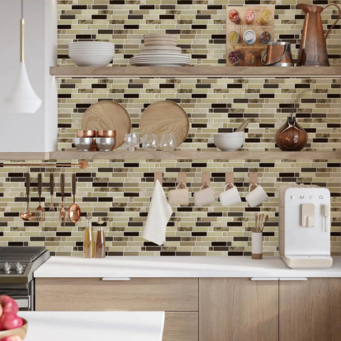 Stylish kitchen with 12x12 Peel And Stick Kitchen Backsplash Tiles Self Adhesive Easy Install DIY Friendly No Mess For Kitchen And Bathroom 10 Sheets Eco Friendly 40 Percent More Coverage Per Pack in Marble Brown & Drab, showcasing seamless installation and modern decor.