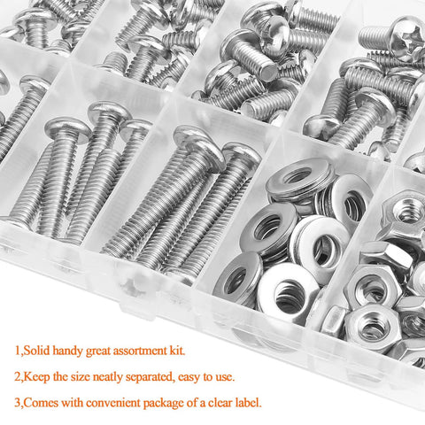 Assorted 304 stainless steel Pro Grade Heavy Duty Pack Of 102 Number 12-24 Phillips Pan Head Machine Screws and hex nuts.
