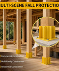 High Visibility Yellow Guardrail Base Boots 4 Pack With Abs Plastic Design Hella Durable For Temporary Traffic Control Plus Nitrile Coated Work Gloves, detailed view showing installation on wooden beams.