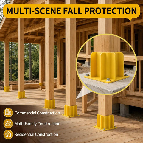 High Visibility Yellow Guardrail Base Boots 4 Pack With Abs Plastic Design Hella Durable For Temporary Traffic Control Plus Nitrile Coated Work Gloves, detailed view showing installation on wooden beams.
