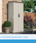 Vertical Outdoor Storage Shed For Long Handled Tools And Garden Gear In Vanilla, All Weather Construction